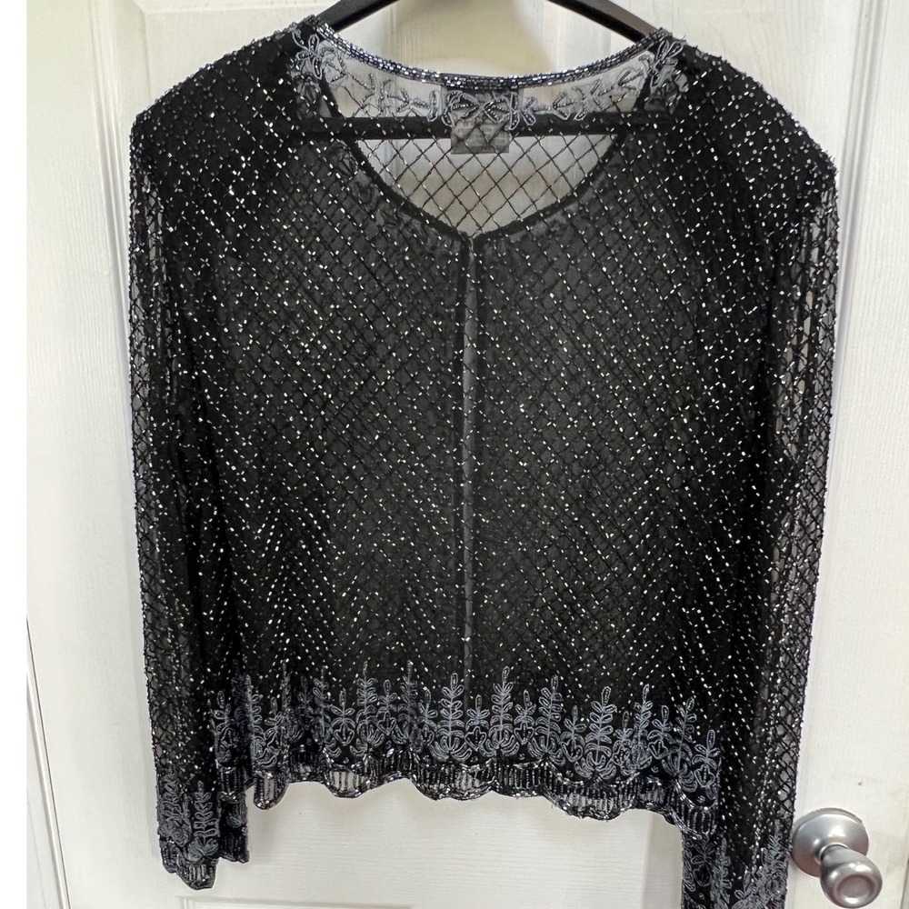 Stenay Vintage Black Silk Beaded Evening Jacket Silver Floral Embroidery Sheer